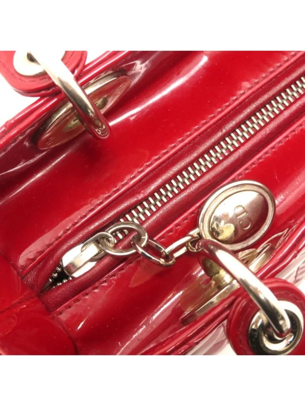 Dior Cannage Lady Dior Handbag Medium Red S Patent Leather Silver